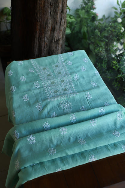 Fountain Blue Shade Mal Cotton Fine Chikankari With Kamdani Work Unstitched Fabric