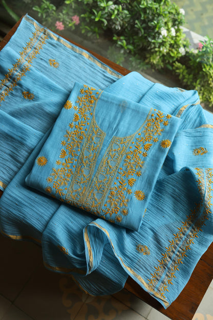 Fountain Blue Shade Mal Cotton Fine Chikankari With Kamdani Work Unstitched Fabric