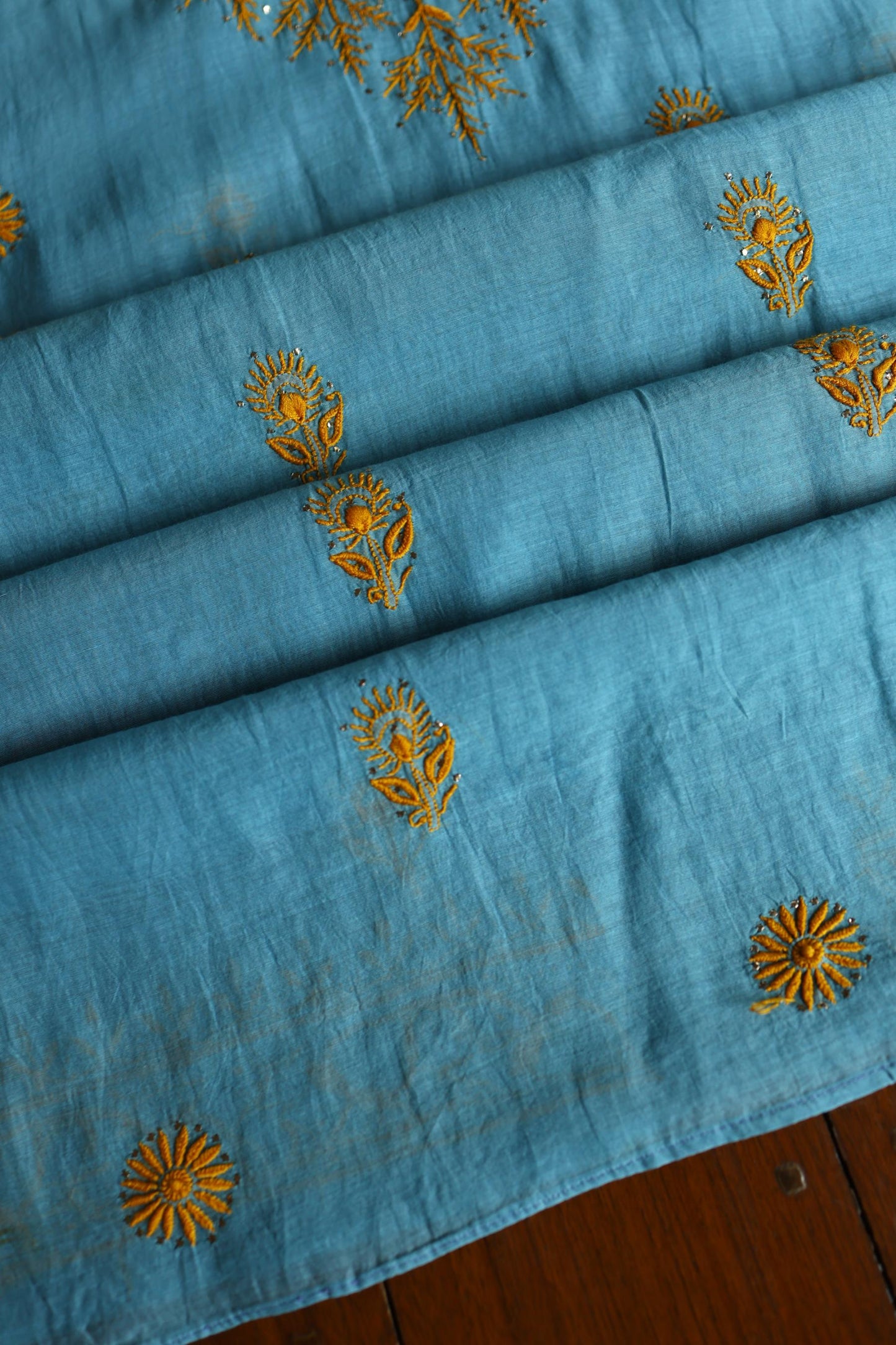 Fountain Blue Shade Mal Cotton Fine Chikankari With Kamdani Work Unstitched Fabric