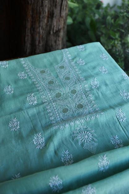 Fountain Blue Shade Mal Cotton Fine Chikankari With Kamdani Work Unstitched Fabric
