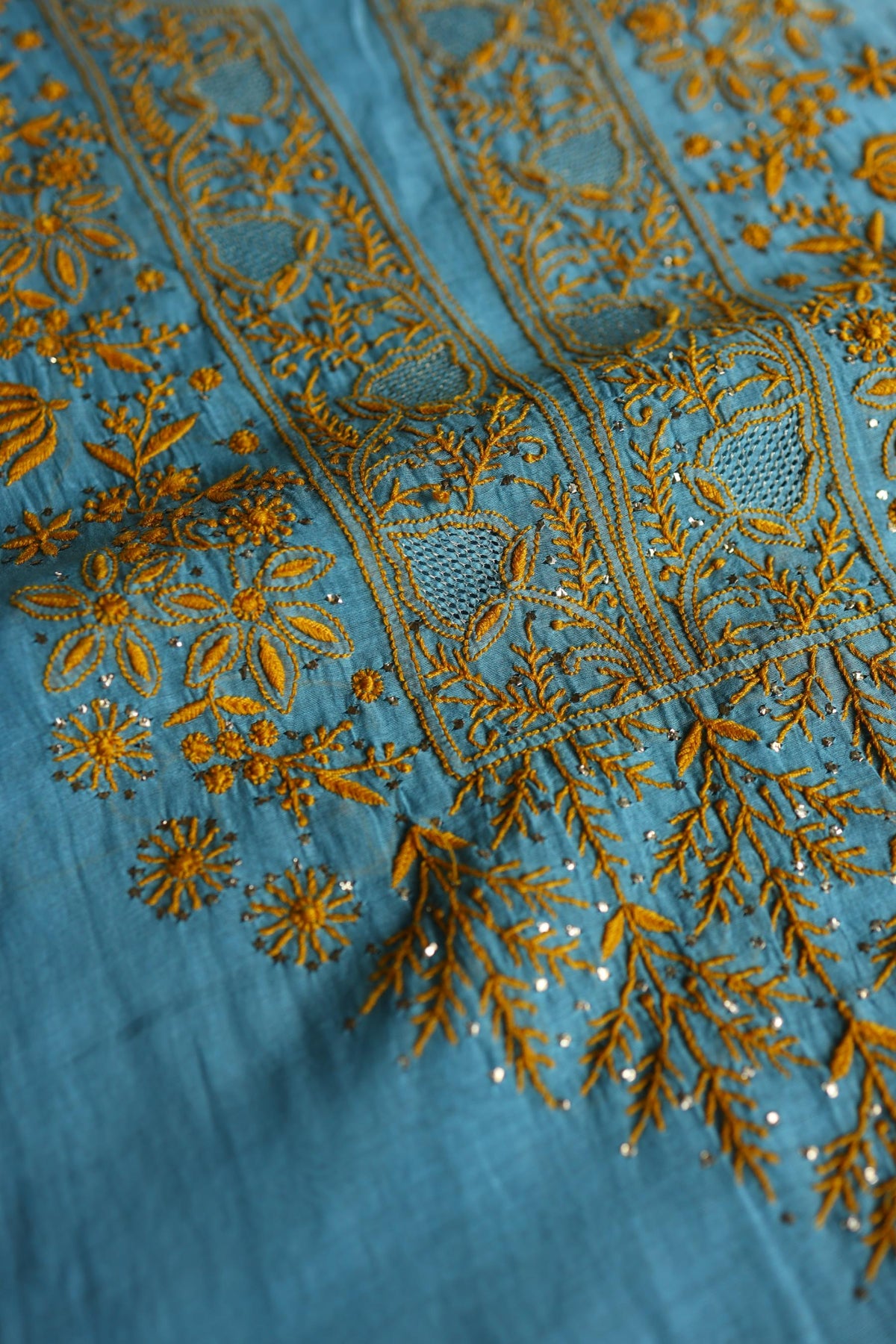 Fountain Blue Shade Mal Cotton Fine Chikankari With Kamdani Work Unstitched Fabric