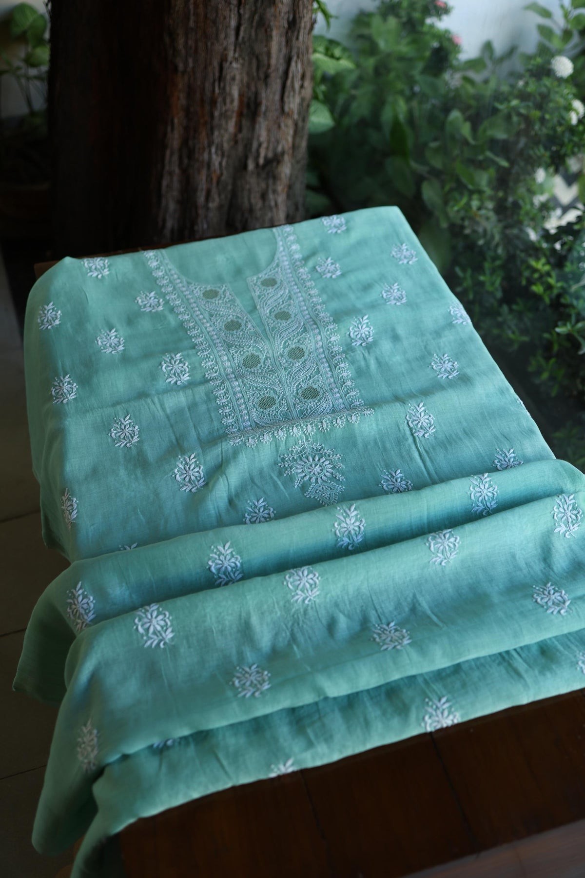 Fountain Blue Shade Mal Cotton Fine Chikankari With Kamdani Work Unstitched Fabric