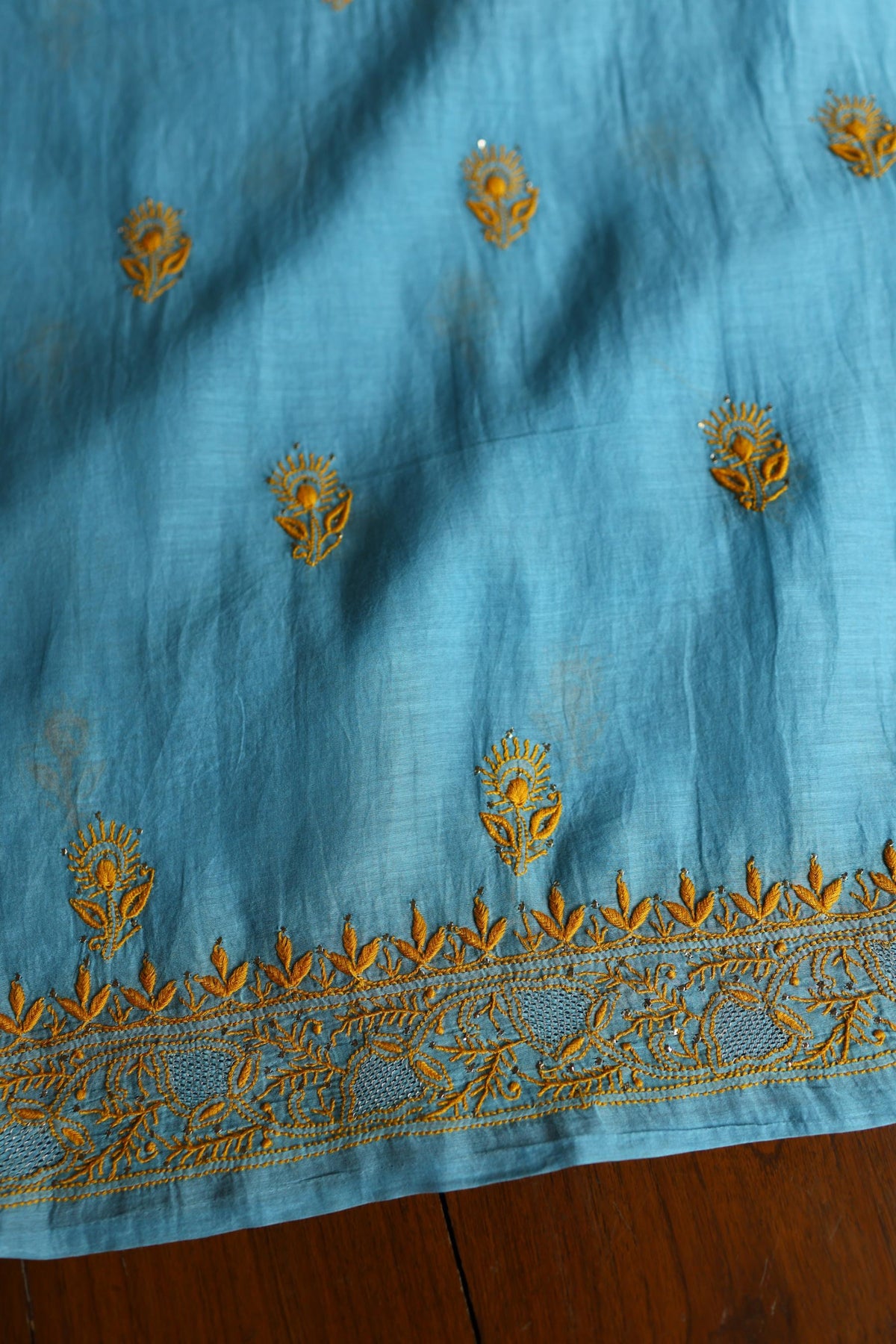 Fountain Blue Shade Mal Cotton Fine Chikankari With Kamdani Work Unstitched Fabric