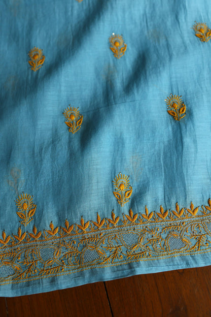Fountain Blue Shade Mal Cotton Fine Chikankari With Kamdani Work Unstitched Fabric