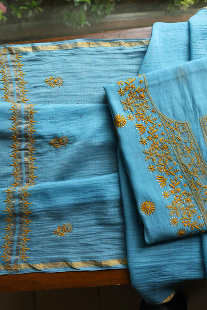 Fountain Blue Shade Mal Cotton Fine Chikankari With Kamdani Work Unstitched Fabric