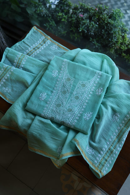 Fountain Blue Shade Mal Cotton Fine Chikankari With Kamdani Work Unstitched Fabric