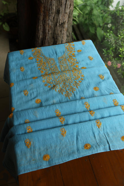 Fountain Blue Shade Mal Cotton Fine Chikankari With Kamdani Work Unstitched Fabric
