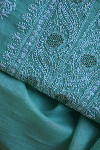Fountain Blue Shade Mal Cotton Fine Chikankari With Kamdani Work Unstitched Fabric