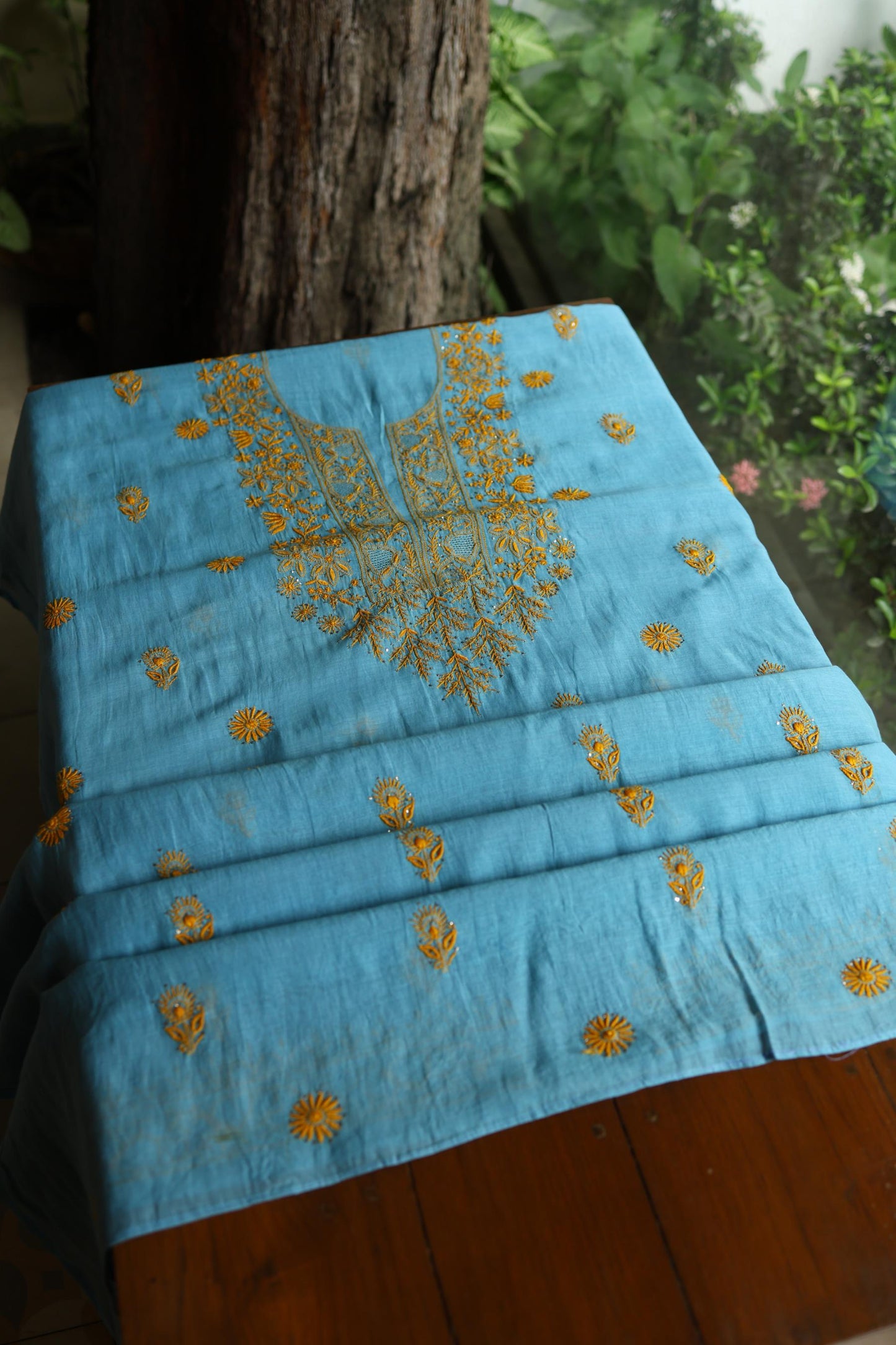 Fountain Blue Shade Mal Cotton Fine Chikankari With Kamdani Work Unstitched Fabric