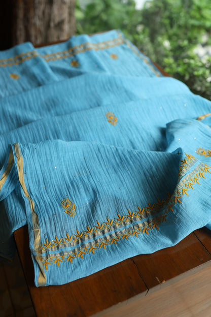 Fountain Blue Shade Mal Cotton Fine Chikankari With Kamdani Work Unstitched Fabric