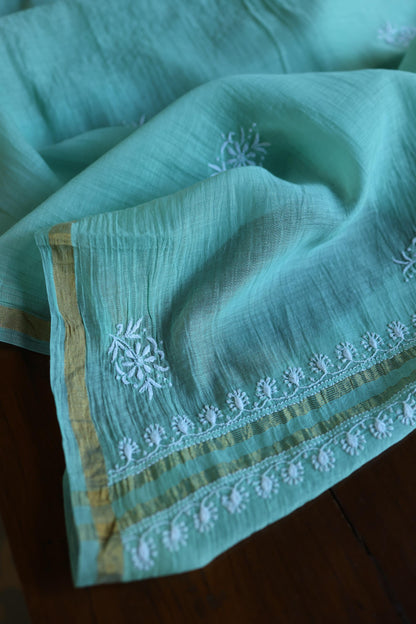 Fountain Blue Shade Mal Cotton Fine Chikankari With Kamdani Work Unstitched Fabric