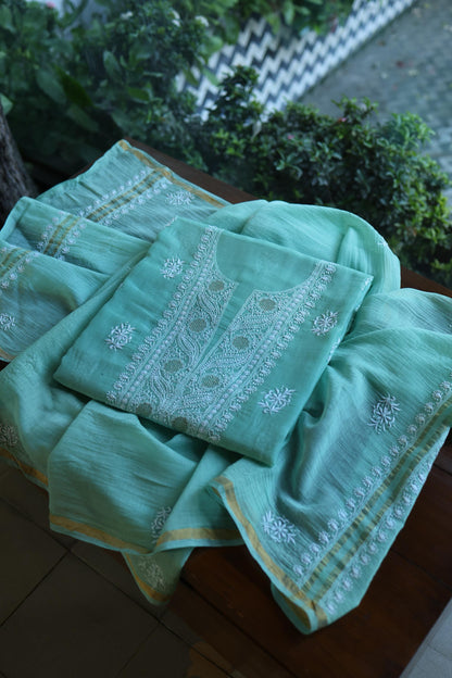 Fountain Blue Shade Mal Cotton Fine Chikankari With Kamdani Work Unstitched Fabric