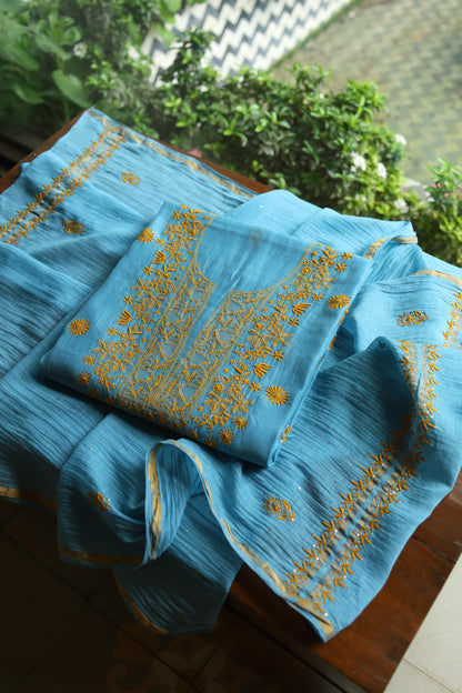 Fountain Blue Shade Mal Cotton Fine Chikankari With Kamdani Work Unstitched Fabric
