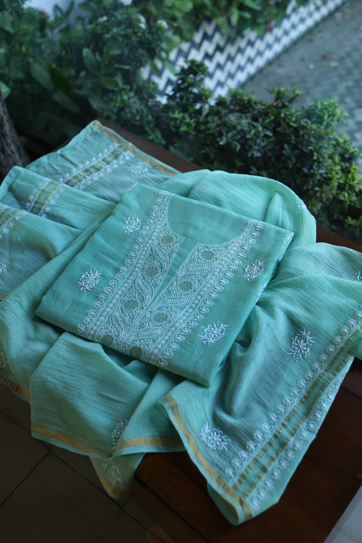 Fountain Blue Shade Mal Cotton Fine Chikankari With Kamdani Work Unstitched Fabric