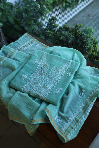 Fountain Blue Shade Mal Cotton Fine Chikankari With Kamdani Work Unstitched Fabric