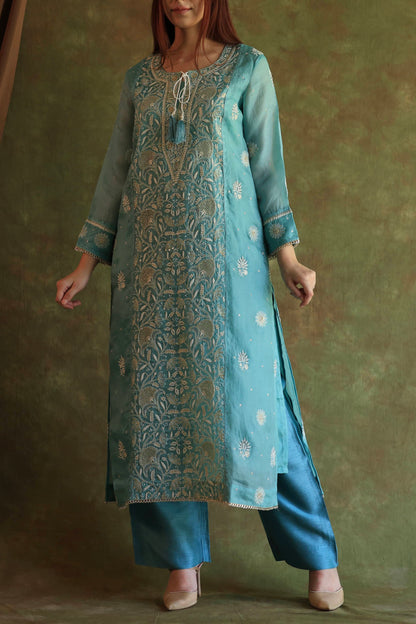 Fountain Blue Shade Noor Organza Silk Chikankari Straight Cut Kurta Dupatta Set