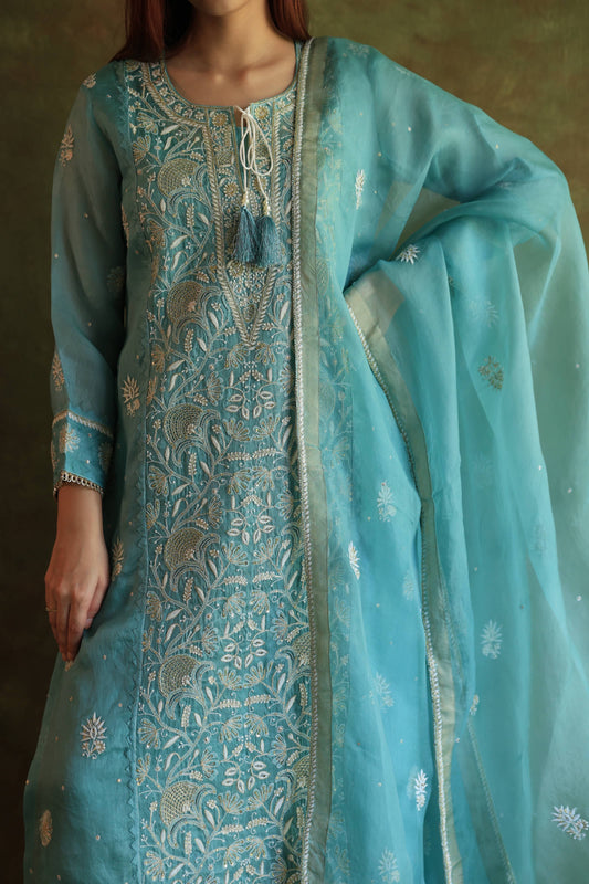 Fountain Blue Shade Noor Organza Silk Chikankari Straight Cut Kurta Dupatta Set