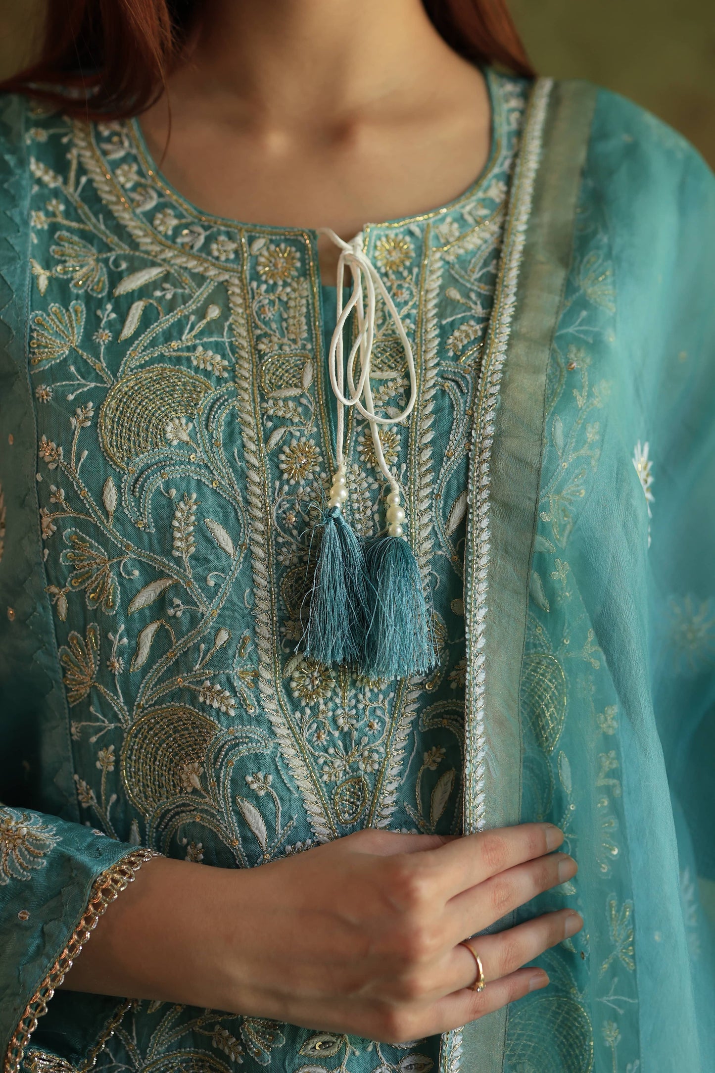 Fountain Blue Shade Noor Organza Silk Chikankari Straight Cut Kurta Dupatta Set