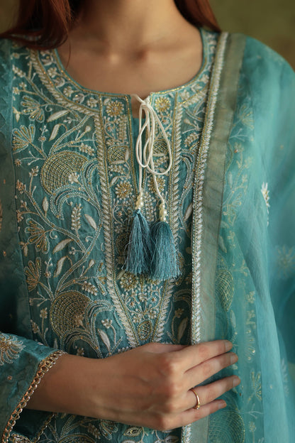 Fountain Blue Shade Noor Organza Silk Chikankari Straight Cut Kurta Dupatta Set