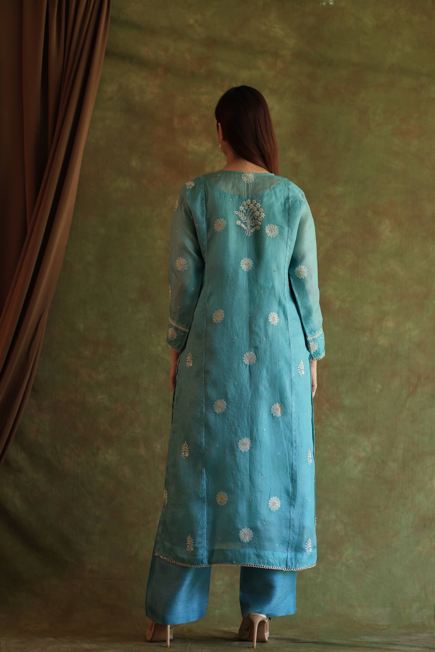 Fountain Blue Shade Noor Organza Silk Chikankari Straight Cut Kurta Dupatta Set
