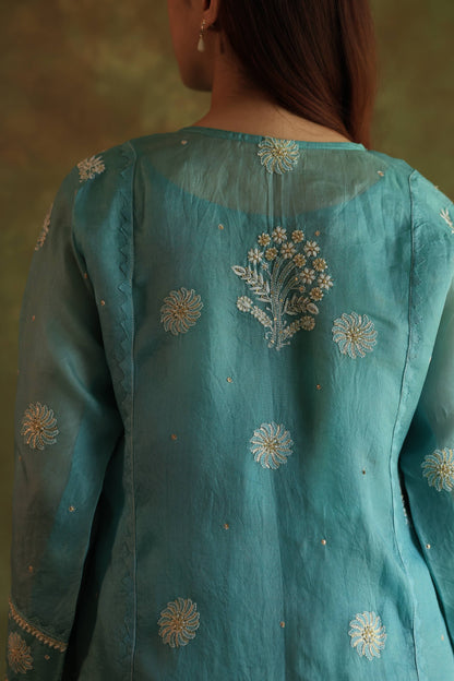 Fountain Blue Shade Noor Organza Silk Chikankari Straight Cut Kurta Dupatta Set