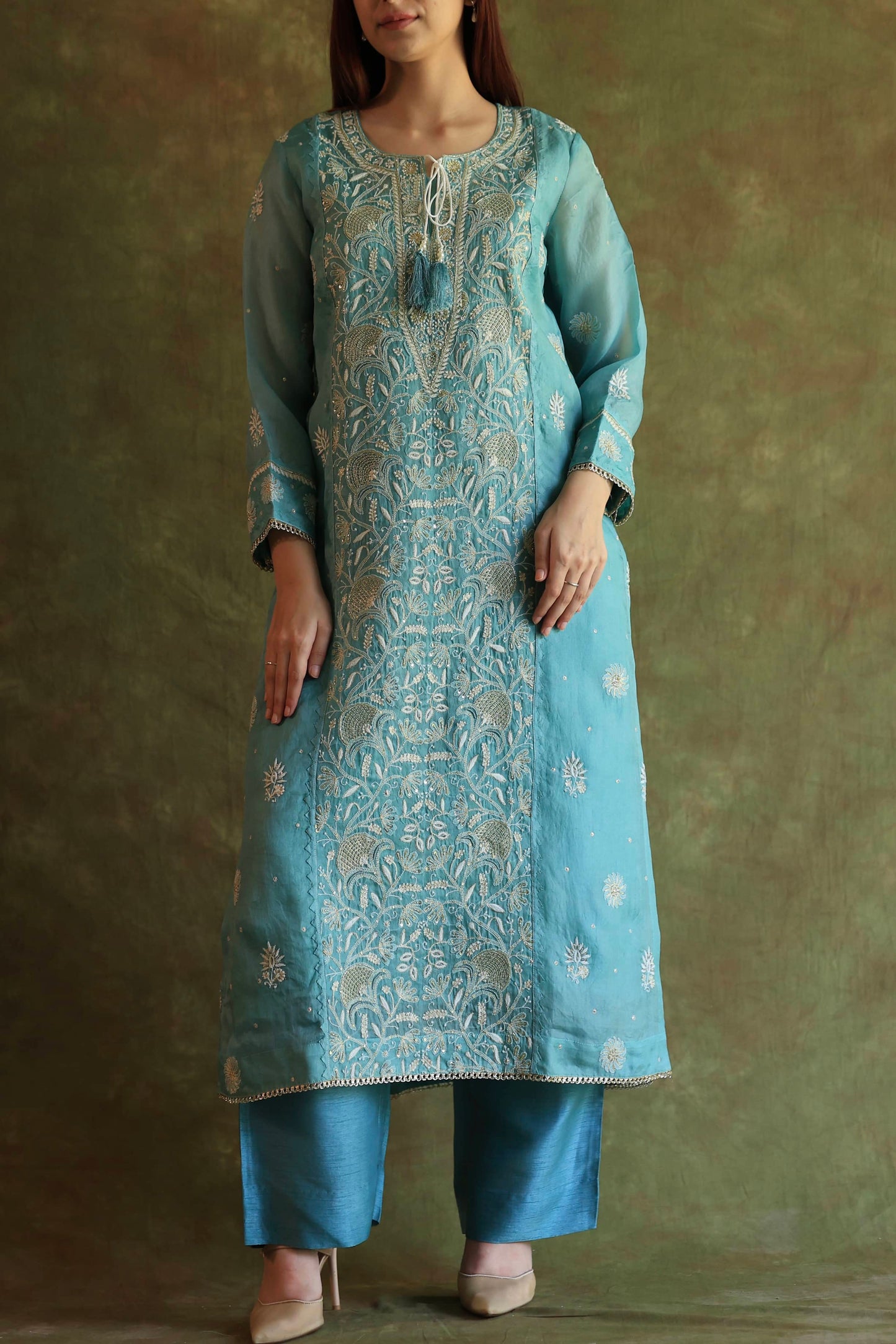 Fountain Blue Shade Noor Organza Silk Chikankari Straight Cut Kurta Dupatta Set