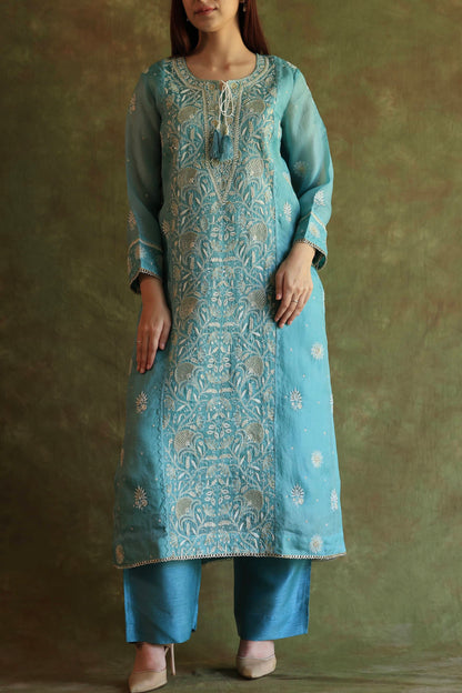 Fountain Blue Shade Noor Organza Silk Chikankari Straight Cut Kurta Dupatta Set
