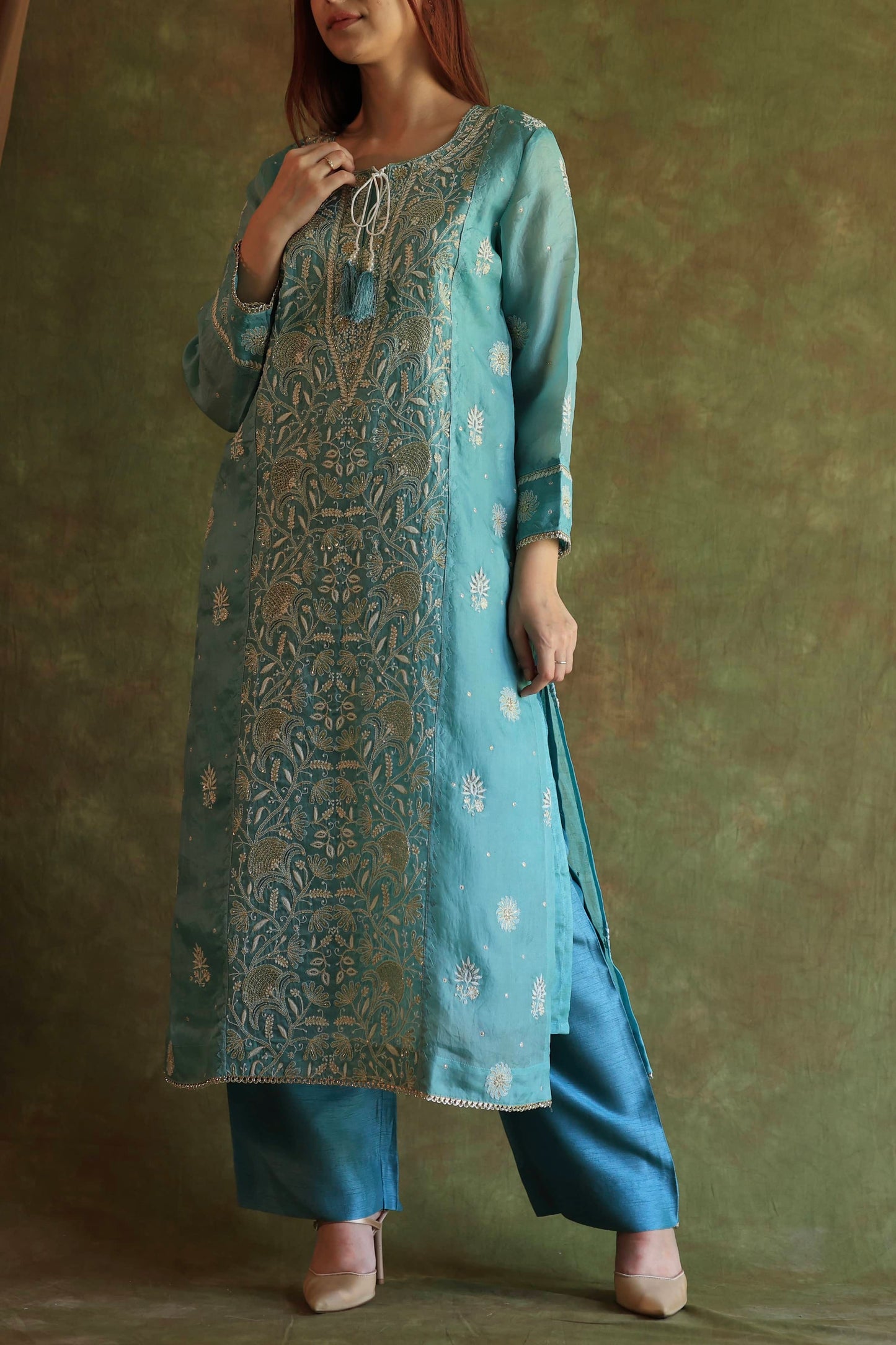 Fountain Blue Shade Noor Organza Silk Chikankari Straight Cut Kurta Dupatta Set
