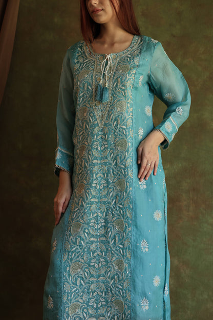 Fountain Blue Shade Noor Organza Silk Chikankari Straight Cut Kurta Dupatta Set