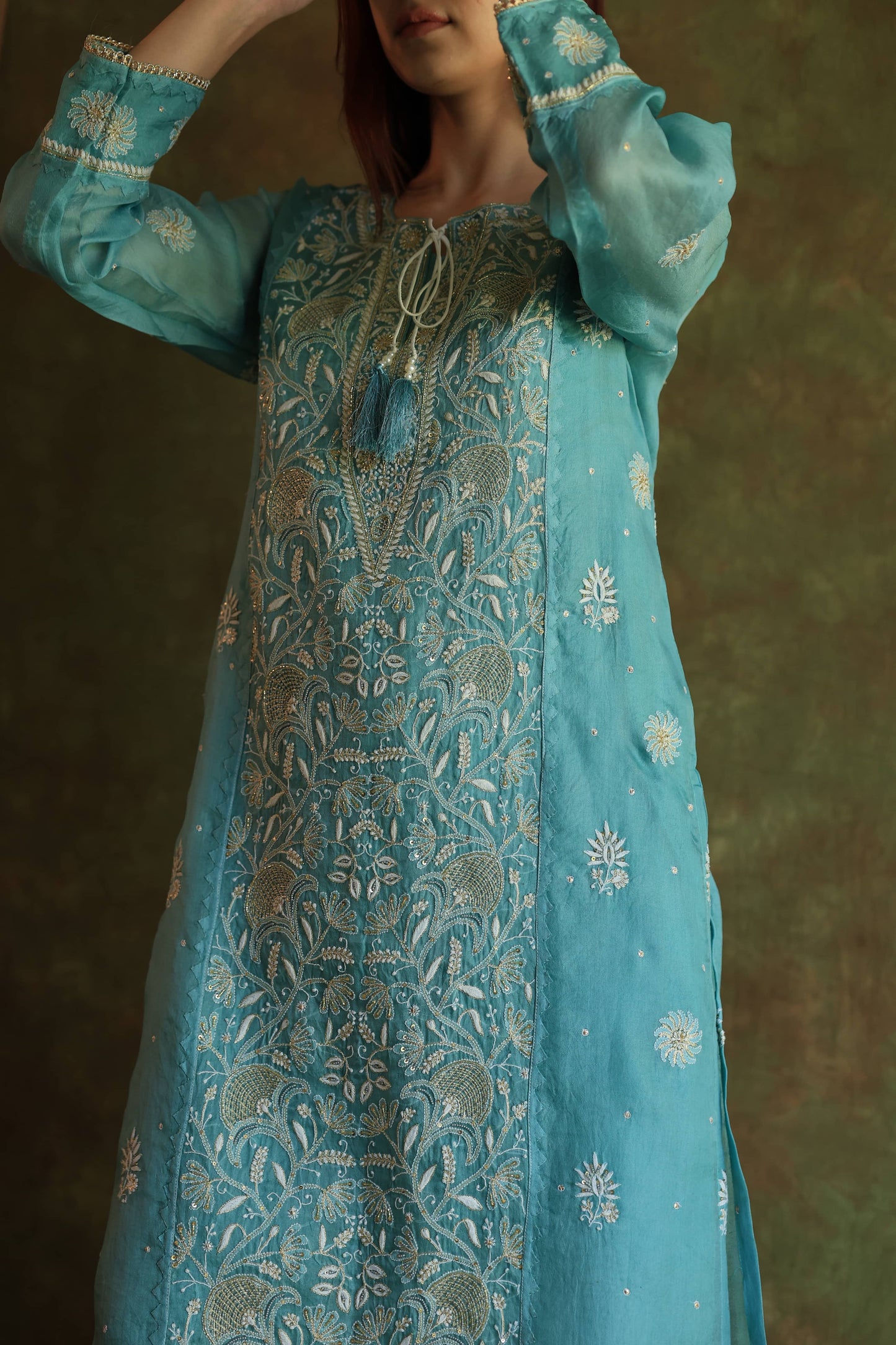 Fountain Blue Shade Noor Organza Silk Chikankari Straight Cut Kurta Dupatta Set