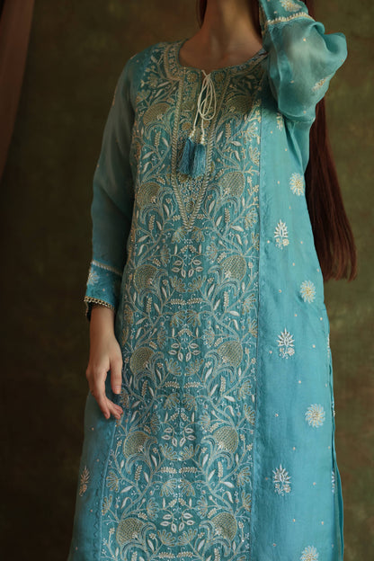 Fountain Blue Shade Noor Organza Silk Chikankari Straight Cut Kurta Dupatta Set