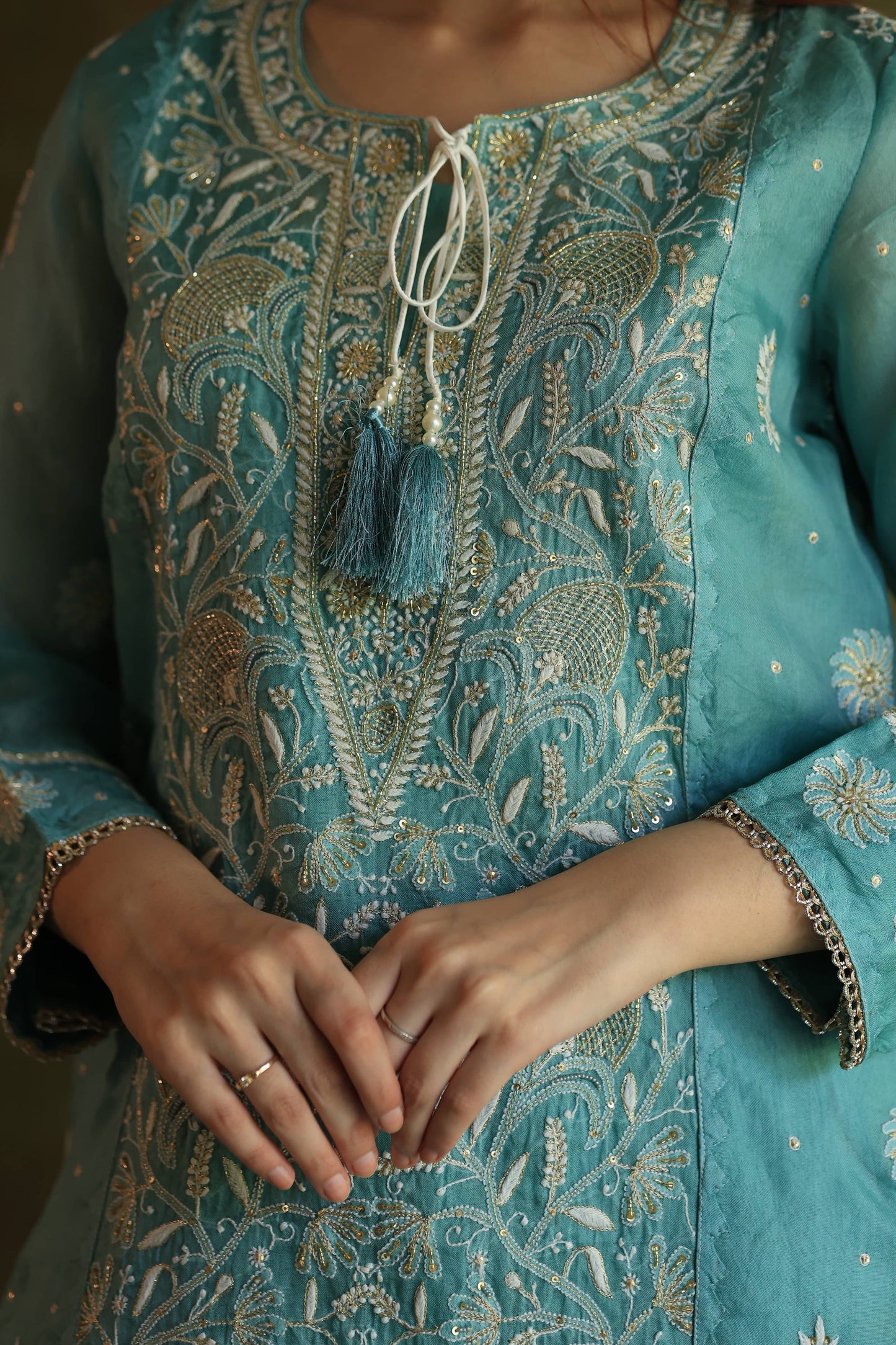 Fountain Blue Shade Noor Organza Silk Chikankari Straight Cut Kurta Dupatta Set