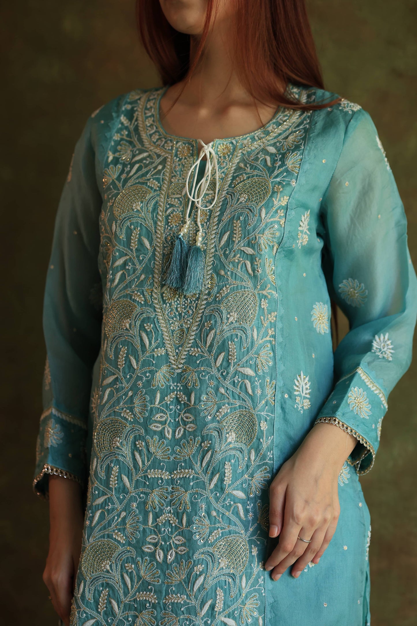 Fountain Blue Shade Noor Organza Silk Chikankari Straight Cut Kurta Dupatta Set