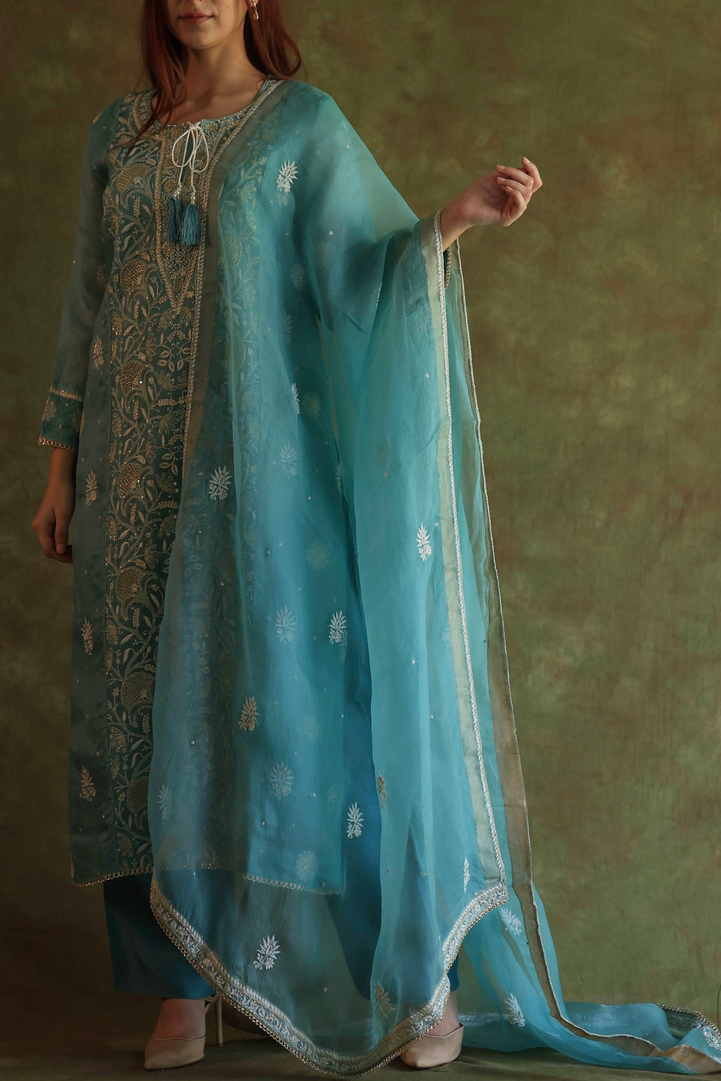 Fountain Blue Shade Noor Organza Silk Chikankari Straight Cut Kurta Dupatta Set