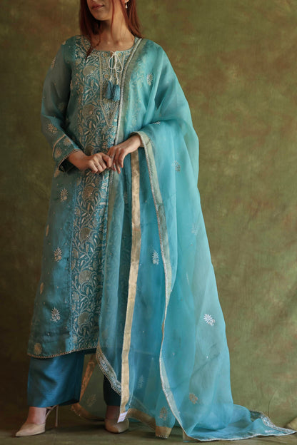 Fountain Blue Shade Noor Organza Silk Chikankari Straight Cut Kurta Dupatta Set