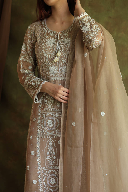 French Beige Shade Noor Organza Chikankari Anarkali With Dupatta