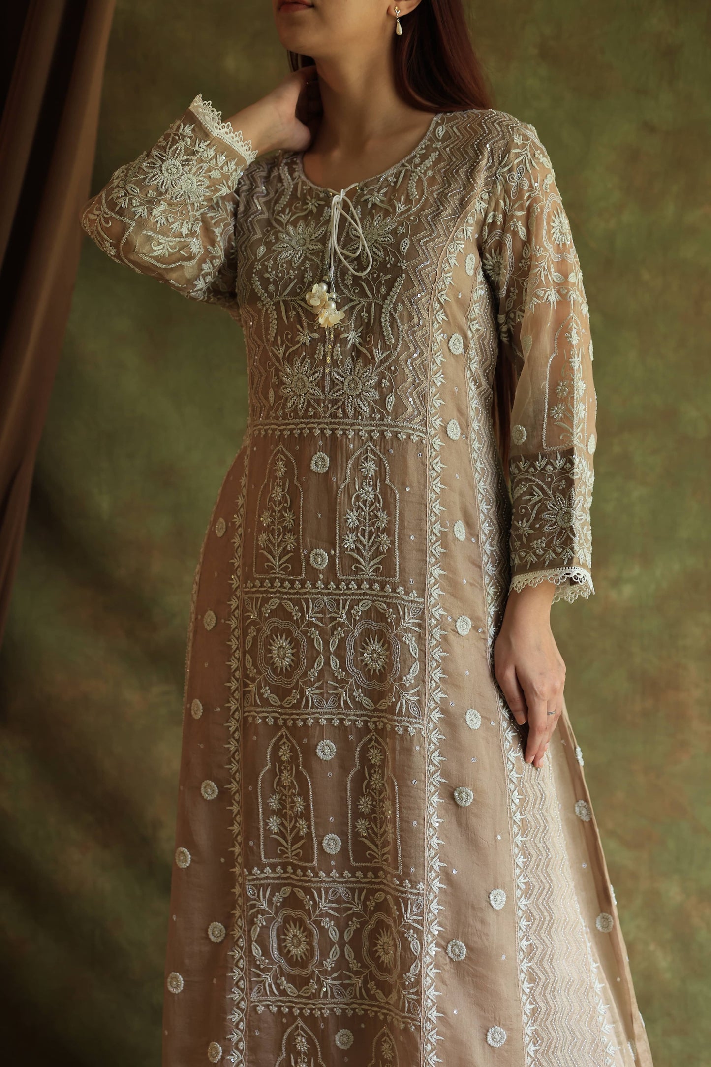 French Beige Shade Noor Organza Chikankari Anarkali With Dupatta