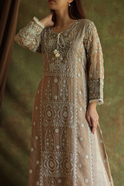 French Beige Shade Noor Organza Chikankari Anarkali With Dupatta