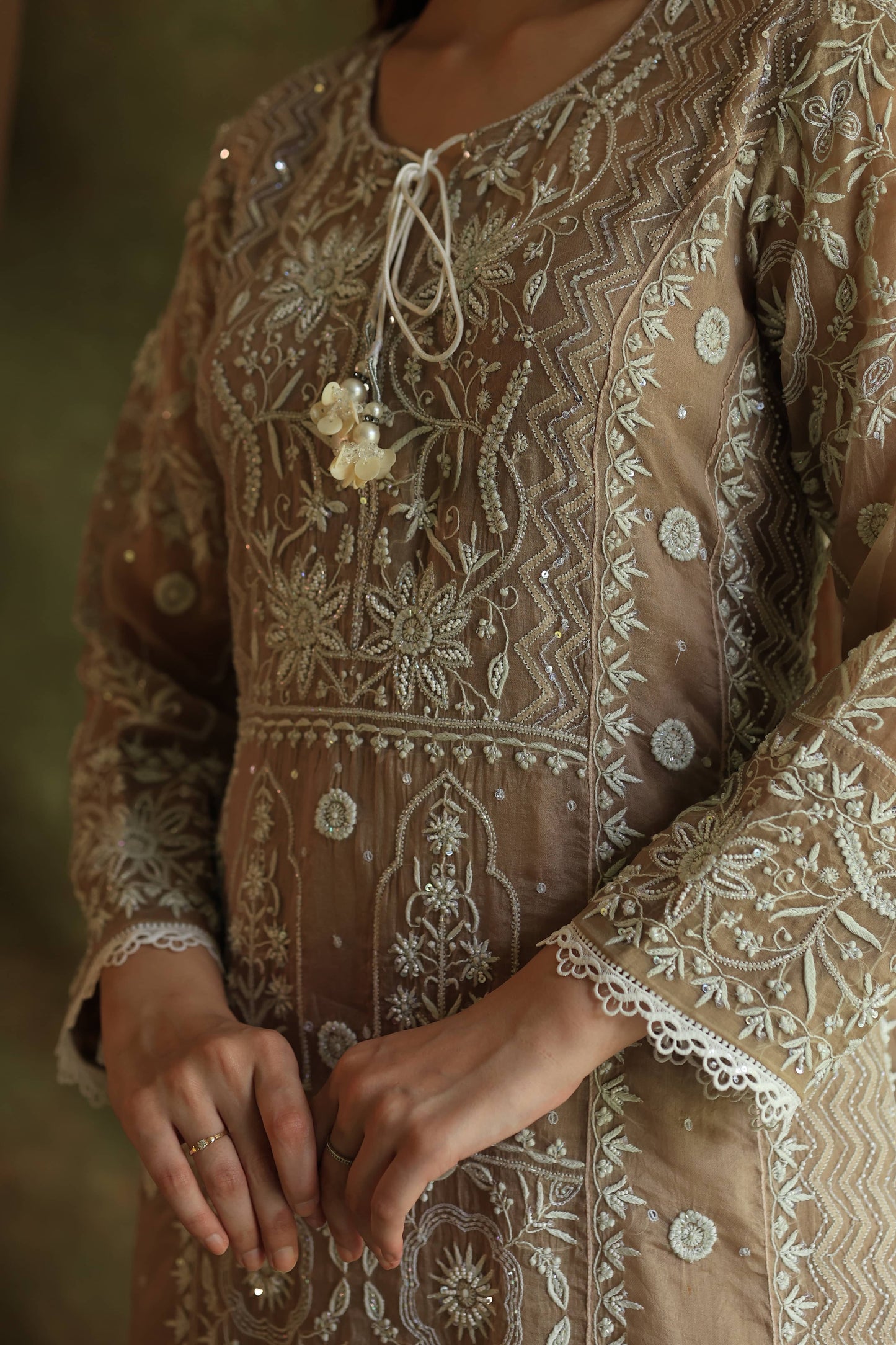 French Beige Shade Noor Organza Chikankari Anarkali With Dupatta