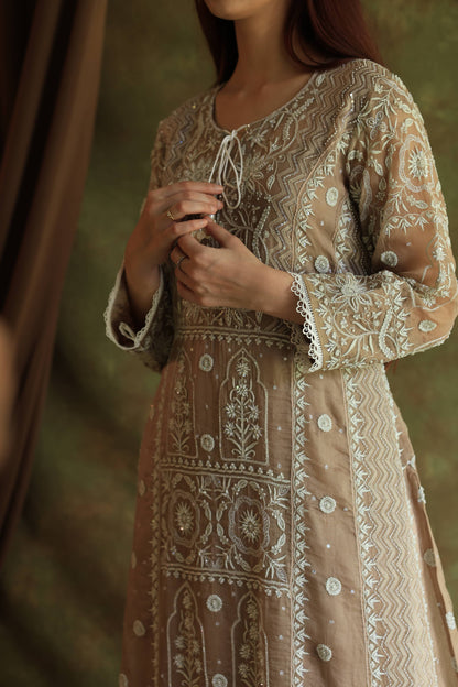 French Beige Shade Noor Organza Chikankari Anarkali With Dupatta