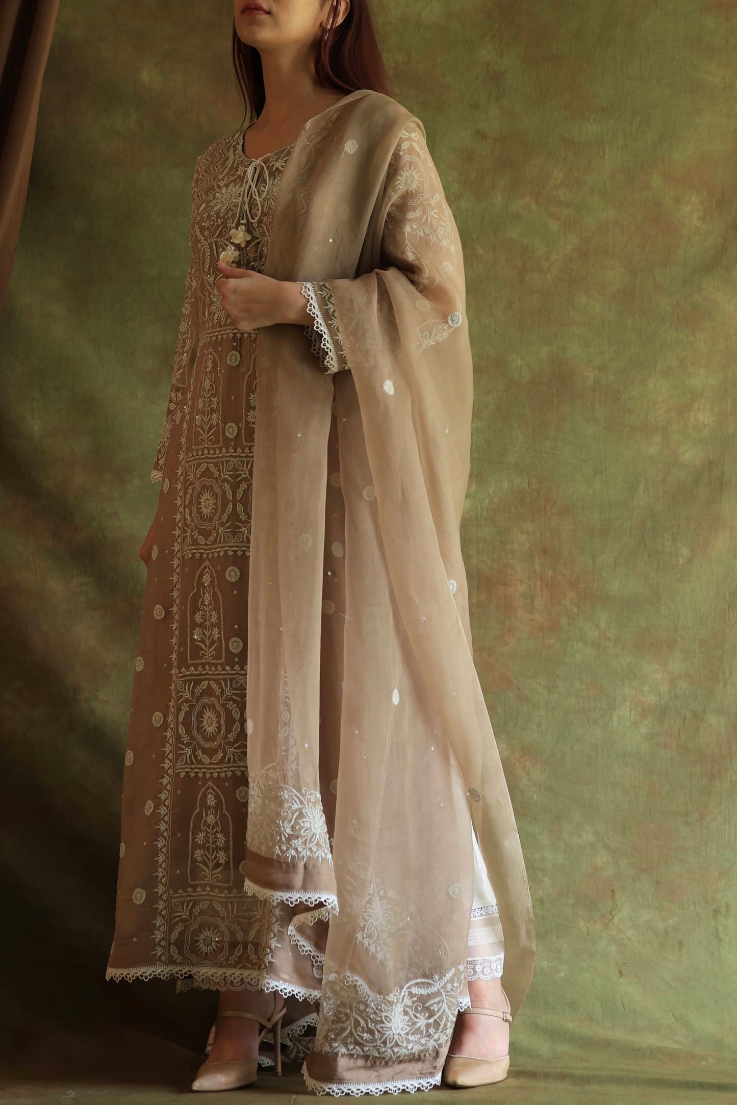 French Beige Shade Noor Organza Chikankari Anarkali With Dupatta