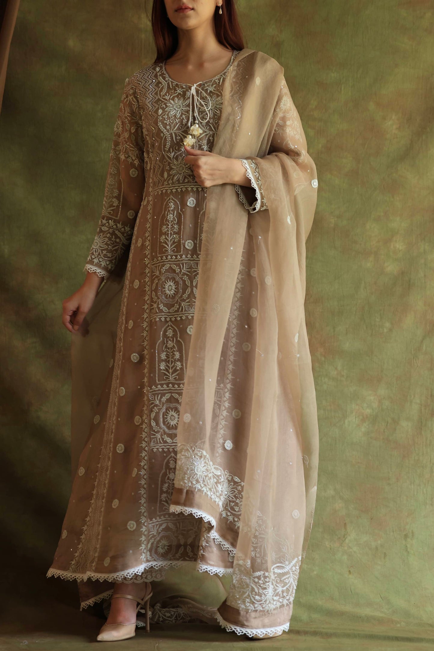 French Beige Shade Noor Organza Chikankari Anarkali With Dupatta