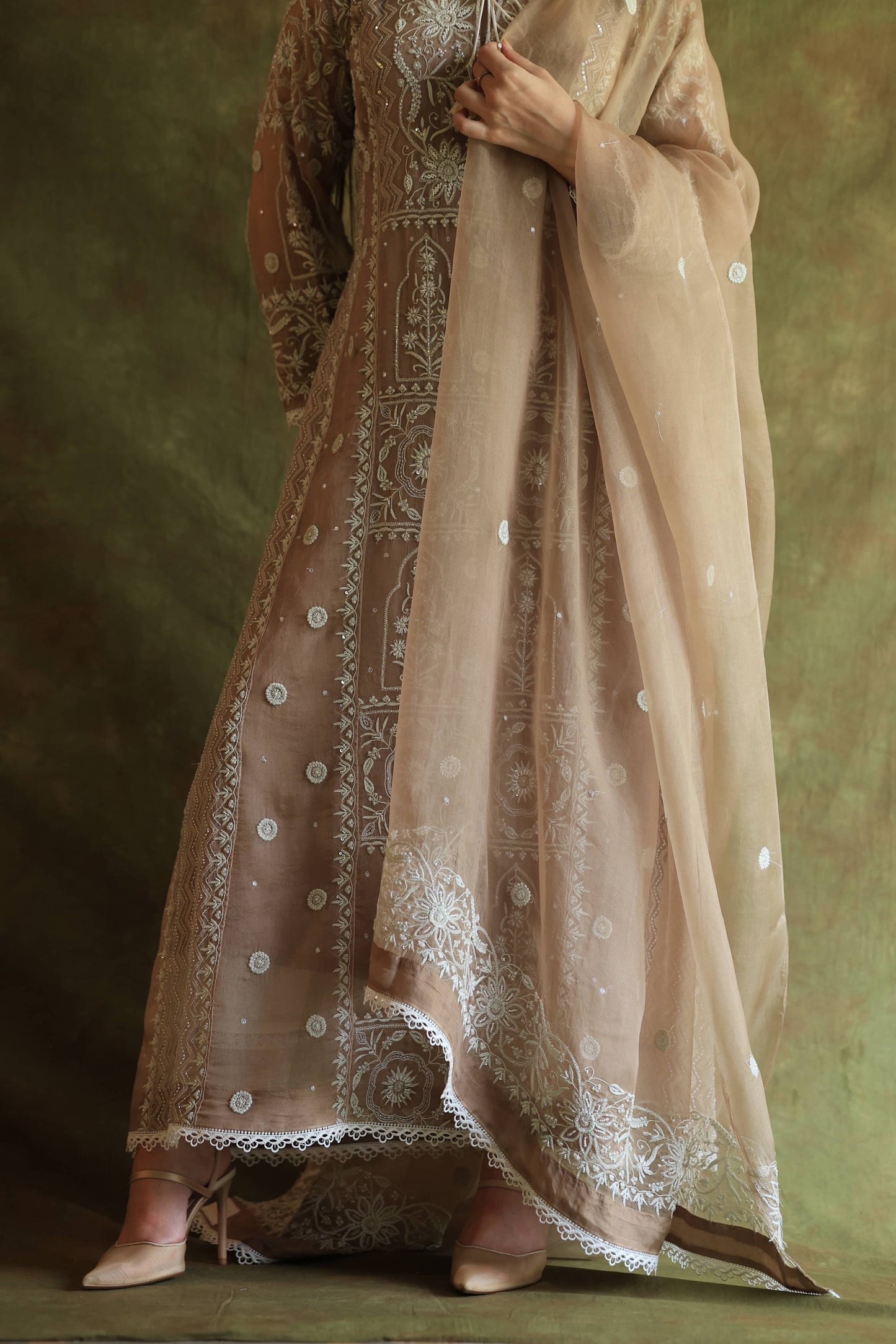 French Beige Shade Noor Organza Chikankari Anarkali With Dupatta