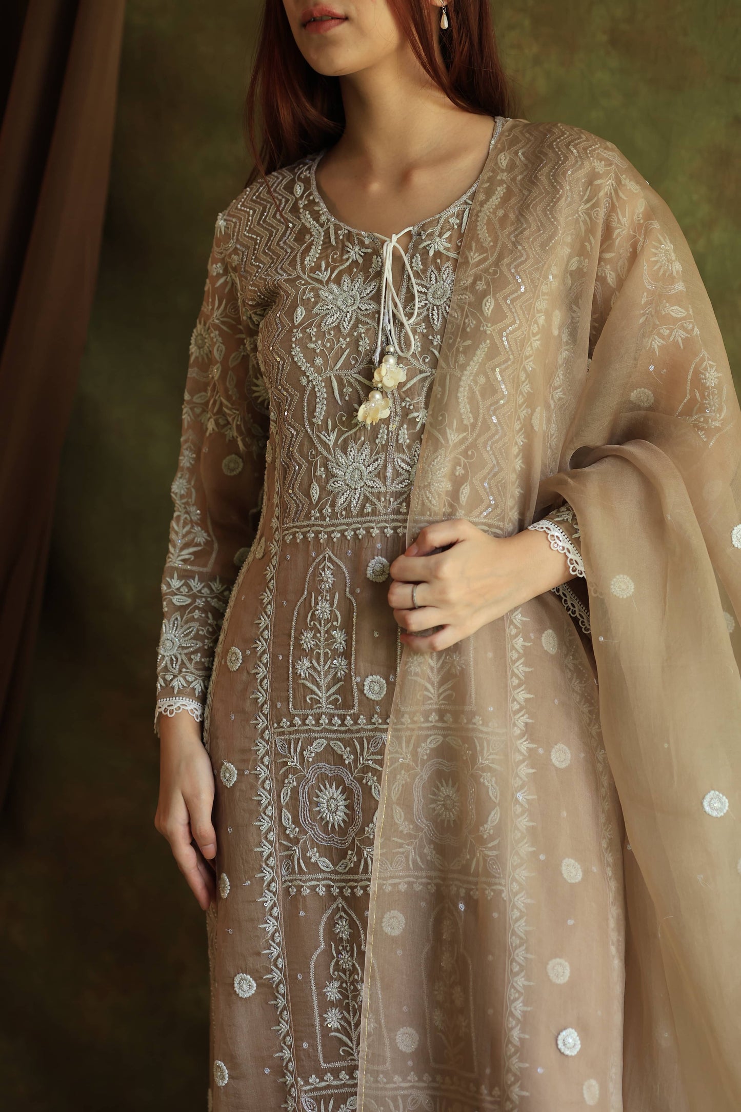 French Beige Shade Noor Organza Chikankari Anarkali With Dupatta