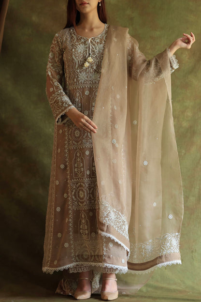 French Beige Shade Noor Organza Chikankari Anarkali With Dupatta