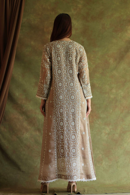 French Beige Shade Noor Organza Chikankari Anarkali With Dupatta