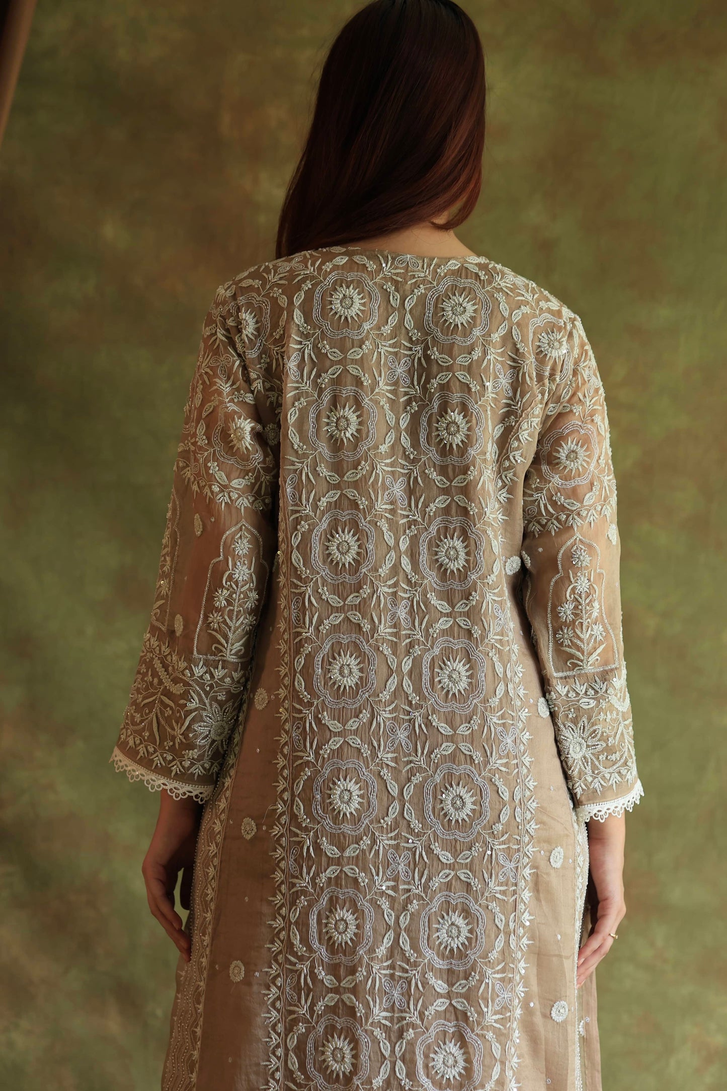 French Beige Shade Noor Organza Chikankari Anarkali With Dupatta