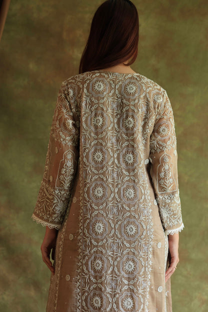 French Beige Shade Noor Organza Chikankari Anarkali With Dupatta