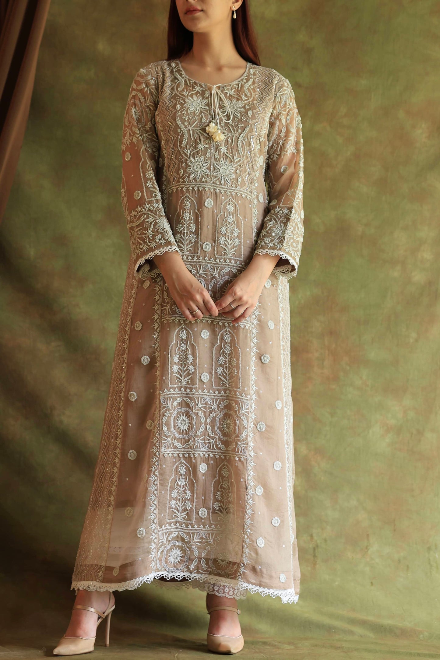 French Beige Shade Noor Organza Chikankari Anarkali With Dupatta