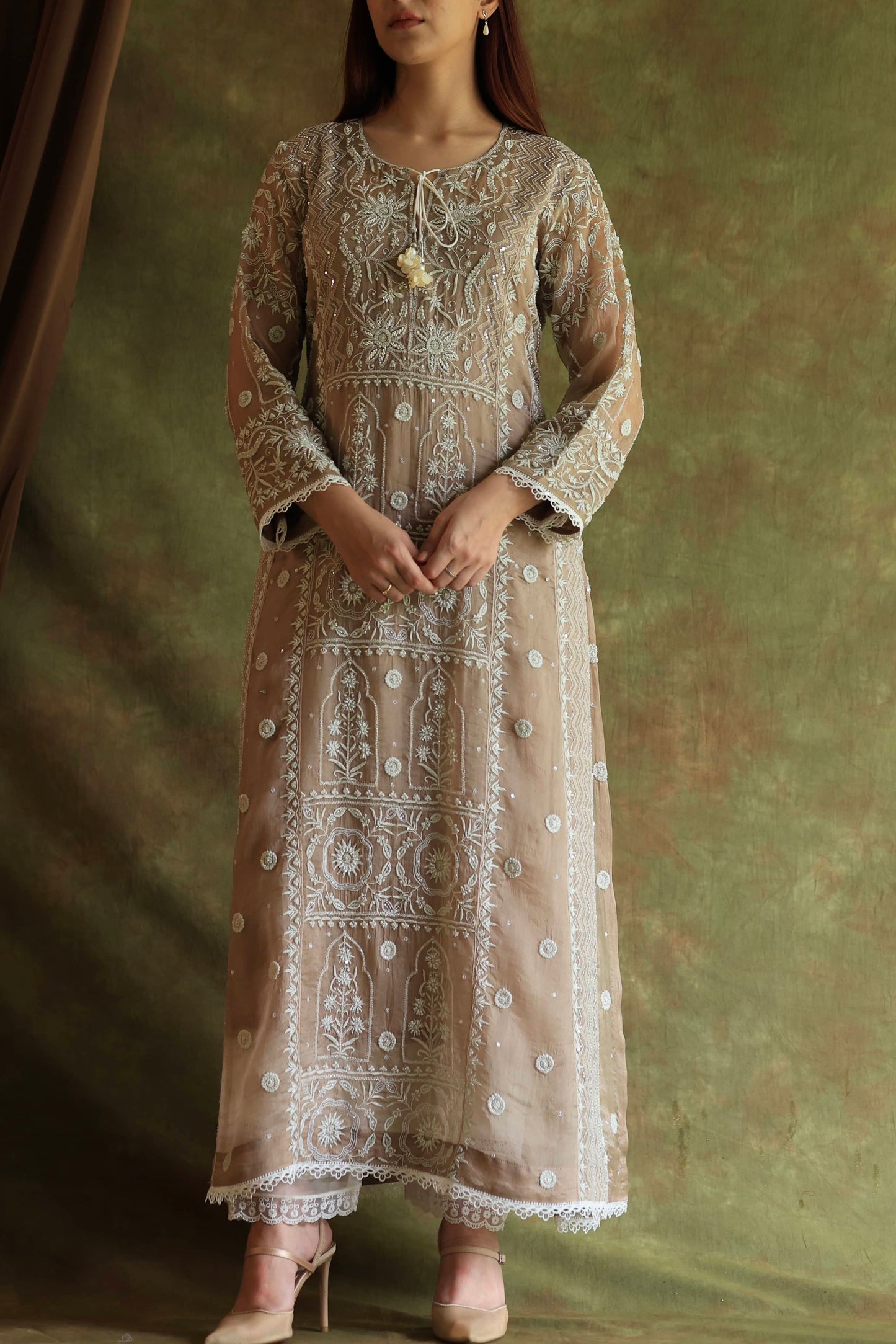 French Beige Shade Noor Organza Chikankari Anarkali With Dupatta